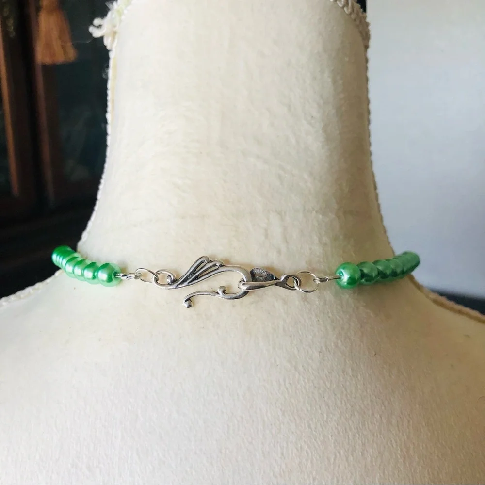 Handcrafted repurpose speckle green glass pendant Czech glass Pearl necklace